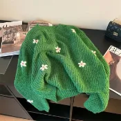 綠色花朵複古新款圓領秋冬寬鬆套頭刺繡慵懶毛衣高級針織衫上衣