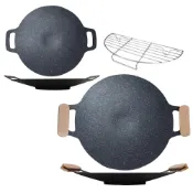 (店+)【鼎匠】韓式重力鑄造IH萬用不沾烤盤30cm(圓形麥飯石雙耳 露營煎炒 送瀝油架or防燙木柄 瓦斯/電磁爐通用)