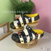 限時特價#洞洞鞋麥當勞漢堡神偷夏季外穿沙灘運黑白印花鞋包頭涼鞋男軟底鏤空涼鞋