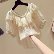 協貿國際日用品生活2館 雪紡衫女短袖新款韓版寬松V領洋氣網紗蕾絲拼接荷葉邊上衣夏