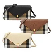 【BURBERRY 巴寶莉】WOC 經典棉麻格紋牛皮拼接多卡式翻蓋斜背包(三色可選)