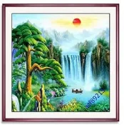 【開運幸運星】招財  風水畫 山水畫 聚寶盆 仿油畫 正方形有框畫 B 辦公室居家裝飾畫 34*34cm A150-9 