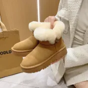 【免運】臺灣出貨 冬雪地靴女 牛角扣真皮保暖雪地靴女2025冬新款磨砂真羊毛毛鞋加絨棉鞋短靴子 JPU0