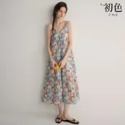初色 度假風滿版印花分割線V領無袖細吊帶大擺裙中長裙連衣裙連身洋裝-花色-50482(M-2XL可選)