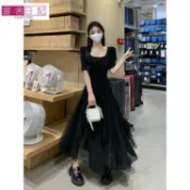 【臺灣 免運】時尚連身裙 氣質連衣裙 方領長裙 短袖中長裙 A字裙 大裙擺 網紗拼接設計 收腰顯瘦 洋裝 洋裙 度假風長