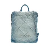 【BreezeOnline 微風精品線上】二手品 Chanel 22 刷色牛仔布銀鍊手提後背包(AS3859-藍)