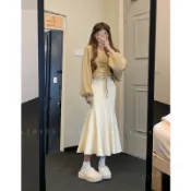斬男穿搭 超級吸睛 顯瘦魚尾穿搭  25秋季新款毛衣外套女國風罩衫小衆設計感氣質魚尾裙套裝兩件套 S 0923