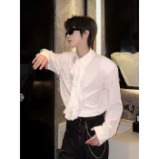 立領珍珠蕾絲拼接白襯衫男緞面泡泡袖輕奢小眾長袖襯衫潮牌