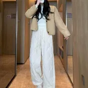 【AS 梨卡】女裝 長褲 棉褲 防風保暖 拼接 翻邊直筒褲 高腰長褲 休閒寬褲 百搭 VG217
