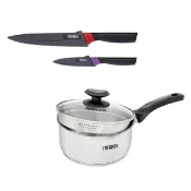 【THERMOS 膳魔師】超值3入_不鏽鋼附蓋單柄湯鍋雪平鍋18cm+不鏽鋼二入刀具組(SPC-S18+FA-05N)