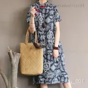 台灣🔥 改良版旂袍裙|民族風日係復古中式中國風印花短袖棉麻洋裝長裙藝文寬鬆大尺碼女rris94