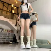 夏季大碼胖MM牛仔短褲女新款超低腰露臍緊身顯瘦包臀卷邊熱褲ins#Hi, 貼心優衣家居#