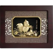 開運陶源 雅鑑鑫品 金雞聚財 金雞大吉  雞 純金金箔畫 20x25cm 可掛牆壁 後有腳架 也可立在桌上