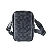 【COACH】LOGO PVC拼接皮革A6方型斜背包/手機包(黑灰C黑邊/小款)