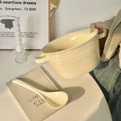 【臺灣發貨】奶fufu高顏值雙耳湯碗 家用優質瓷泡麵碗 螺螄粉大碗帶勺 耐高溫易清洗 聚餐必備推薦