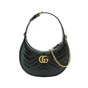 【GUCCI 古馳】Marmont 衍縫小牛皮手提/斜背彎月包(699514-黑)