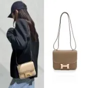 HERMES愛馬仕  Mini Constance 牛皮翻蓋斜背包/康康包(大象灰/玫瑰金)