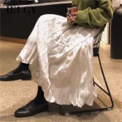 IELGY 白色中長百褶裙女百搭日常穿著
