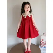 cixi公主☆女童夏季童裝俏皮可愛無袖櫻桃翻領大裙擺背心裙連身裙