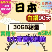 【HOTAI購】國都嚴選【Star SIM 星光卡】白鑽日本 含沖繩北海道三大電信90天30GB總量 高速 無限量 吃到飽(實體卡  eSIM)