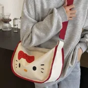 通勤大容量單肩包 斜挎包日系卡通帆布包女新款小眾設計可愛上課百搭單肩馬鞍包斜挎餃子包 側背包女 學生包