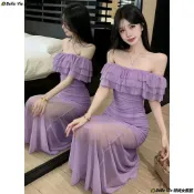  🌟新品免運🍀紫色一字領露肩長洋裝 收腰顯瘦貼身剪裁 多層荷葉邊領口 抓皺裙身 夏季法式甜美 長版網紗裙擺