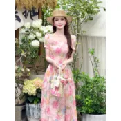 88105L_法式度假風漸層長裙粉紅花朵大擺洋裝女