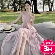 【梨卡】隔日到貨 女裝 洋裝 沙灘裙 海島度假洋裝 掛脖大擺裙 露背洋裝 飄逸連身裙 海邊長裙 C6634【現貨24H】