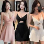 【星星女裝】低胸洋裝 純色洋裝 網紗洋裝 包臀連衣裙 設計感洋裝夜店女裝性感露胸鏤空吊帶洋裝女收腰純欲風辣妹大擺a字裙