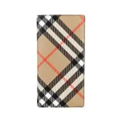 BURBERRY 格紋帆布LOGO羔羊皮襯裡16卡大容量對開長夾(男款/沙棕)