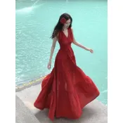 【絕美露背性感開叉顯瘦】海島度假風洋裝 法式氣質連衣裙 紅色綁帶連衣裙 夏季新款海邊度假長裙 洋裝連身裙 洋裝長裙 渡假