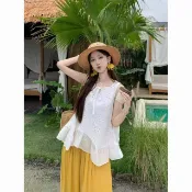 甜辣妹勾花鏤空白色背心襯衫女夏季荷葉邊娃娃衫法式裙擺無袖上衣#Hi, 貼心優衣家居#