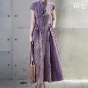 初色 新中式扎染鏤空收腰褶皺改良式旗袍連衣裙連身洋裝長裙-共2色-19579(M-2XL可選)