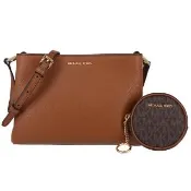 【Michael Kors】TRISHA系列 荔枝紋皮革 金字 三層 斜背包 禮盒 (字母咖)
