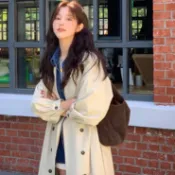 復古慵懶風翻領雙排扣繫帶收腰長袖風衣外套 杏色英倫風過膝長款外套