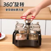 (店+)【滿怡甄選】360度新款調味瓶臺式旋轉置物架玻璃瓶鹽罐不鏽鋼蓋廚房調料收納