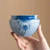 臺灣現貨手繪藍蓮花建水陶瓷配件盂缸小號桌面廢水缸水桶