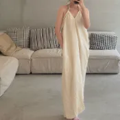 ✨近新 珍珠光澤綁帶美背口袋渡假長洋裝 Size Free