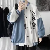 男外套風衣  秋季新款棒球服男【S-3XL】潮牌原宿bf寬鬆繡標褂子外套青年情侶飛行員夾克黑色藍色@木吉街風男裝