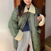 【MsMore】韓國INS保暖加厚羊羔毛翻領寬鬆中長版大碼鋪棉長袖外套#119857(黑/綠)