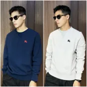 美國百分百【全新真品】Burberry 大學T 棉質 刷毛 休閒 上衣 歐洲精品 戰馬 LOGO 長袖T恤 深藍/灰色 BQ13