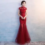 【現貨】晚禮服 紅色長禮服 長洋裝 訂婚禮服  長禮服 新娘敬酒服2021新款結婚中式緊身顯瘦魚尾優雅女旗袍禮服長款夏季