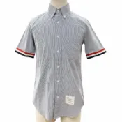 【DOKODEMO】成色極佳 ▼ THOM BROWNE ブラウン -06272-415 短袖襯衫 100% 純棉 條紋羈扣短袖襯衫 藍色 0 碼 義大利製造 正品男士