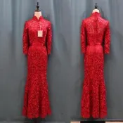末晚家的賣場S 敬酒服新娘 結婚新款酒紅色結婚魚尾禮服女現代訂婚連身裙修身