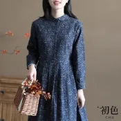 初色 森林系復古碎花寬鬆休閒百搭娃娃領長袖連身裙洋裝-藏藍色-32648(M-2XL可選)