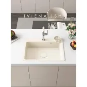 (店+)奶油白石英石廚房水槽大單槽花崗巖小洗碗槽嵌入式臺上臺下洗菜盆