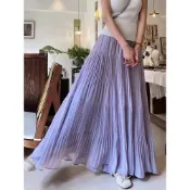 法式復古 百褶半身裙女 早春夏季薄款 高腰顯瘦 a字大裙擺 慵懶百搭 網紗中長裙 長裙女 素色網紗裙 大碼女裝