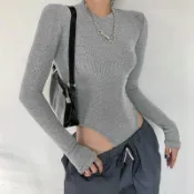 🍉歐美風修身純色勒陰三角連體衣裝圓領長袖性感高叉側露腰打底衫潮
