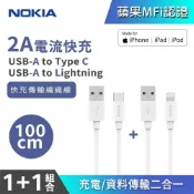 (店+)【NOKIA】雙線組 USB-A to C & A to Lightning 2A 快速充電傳輸線 100cm E8101 Combo