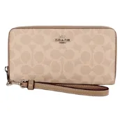 COACH  金馬車防刮LOGO皮革拉鍊掛帶長夾(卡其x淺褐)